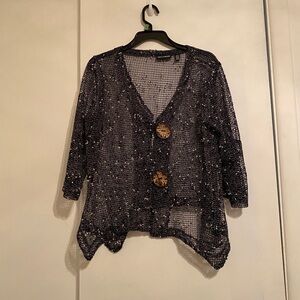 Nina Leonard Chic Black Mesh Crochet w/ Lace Stone Buttons Cardigan, Women’s (L)